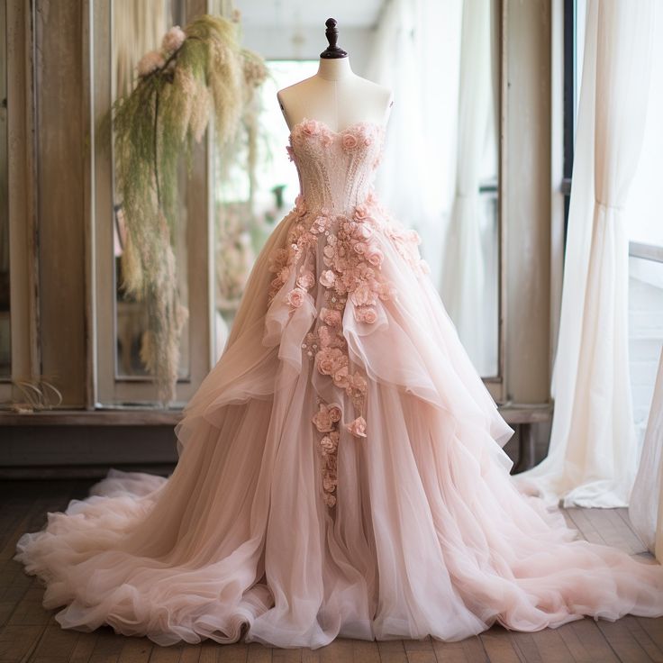 Pink Vintage A-line Sweetheart Lace Tulle Long Evening Gown Applique Wedding Dress