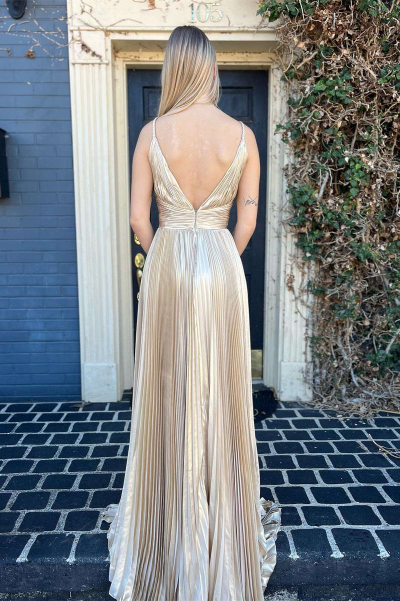 Pleated Silver Metallic A-line Long Formal Dress