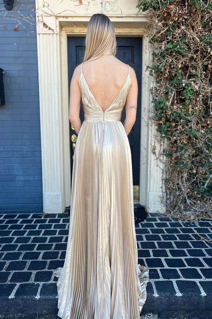 Pleated Silver Metallic A-line Long Formal Dress