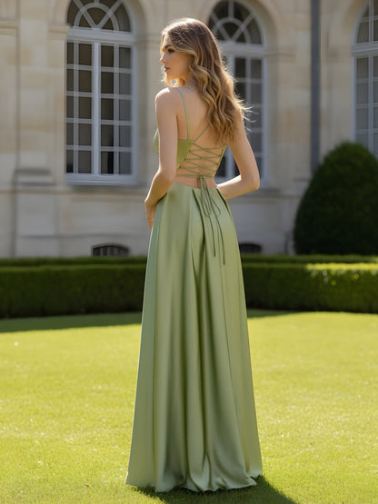Pleated Sweetheart Neck A-Line Dress With Slit Dusty Sage