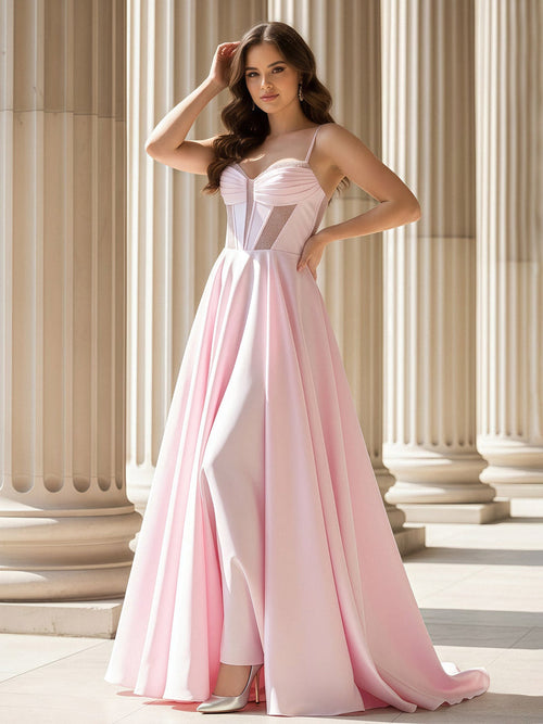 Pleated Sweetheart Neck A-Line Satin Sweep Train Gown Blushing Pink