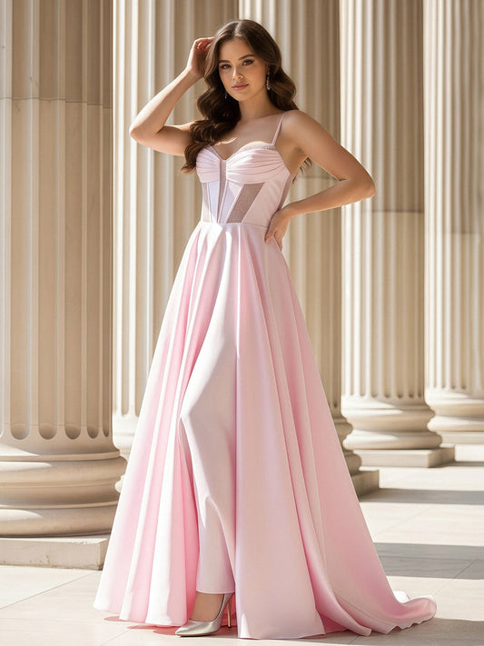 Pleated Sweetheart Neck A-Line Satin Sweep Train Gown Blushing Pink