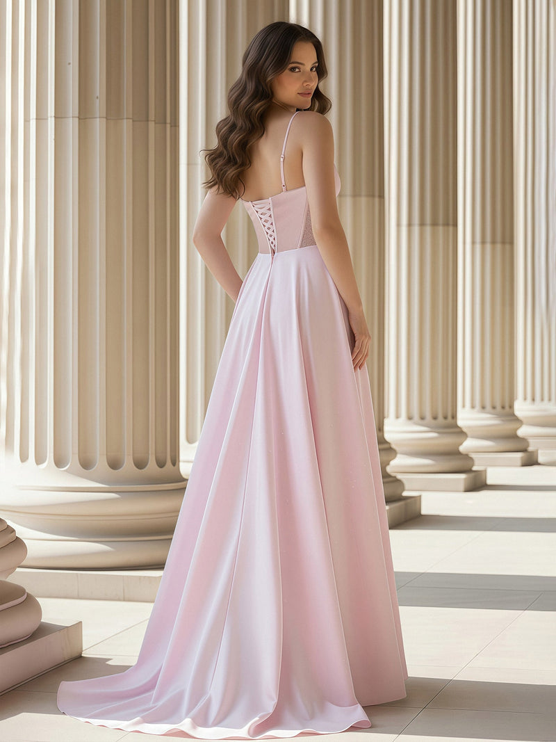 Pleated Sweetheart Neck A-Line Satin Sweep Train Gown Blushing Pink