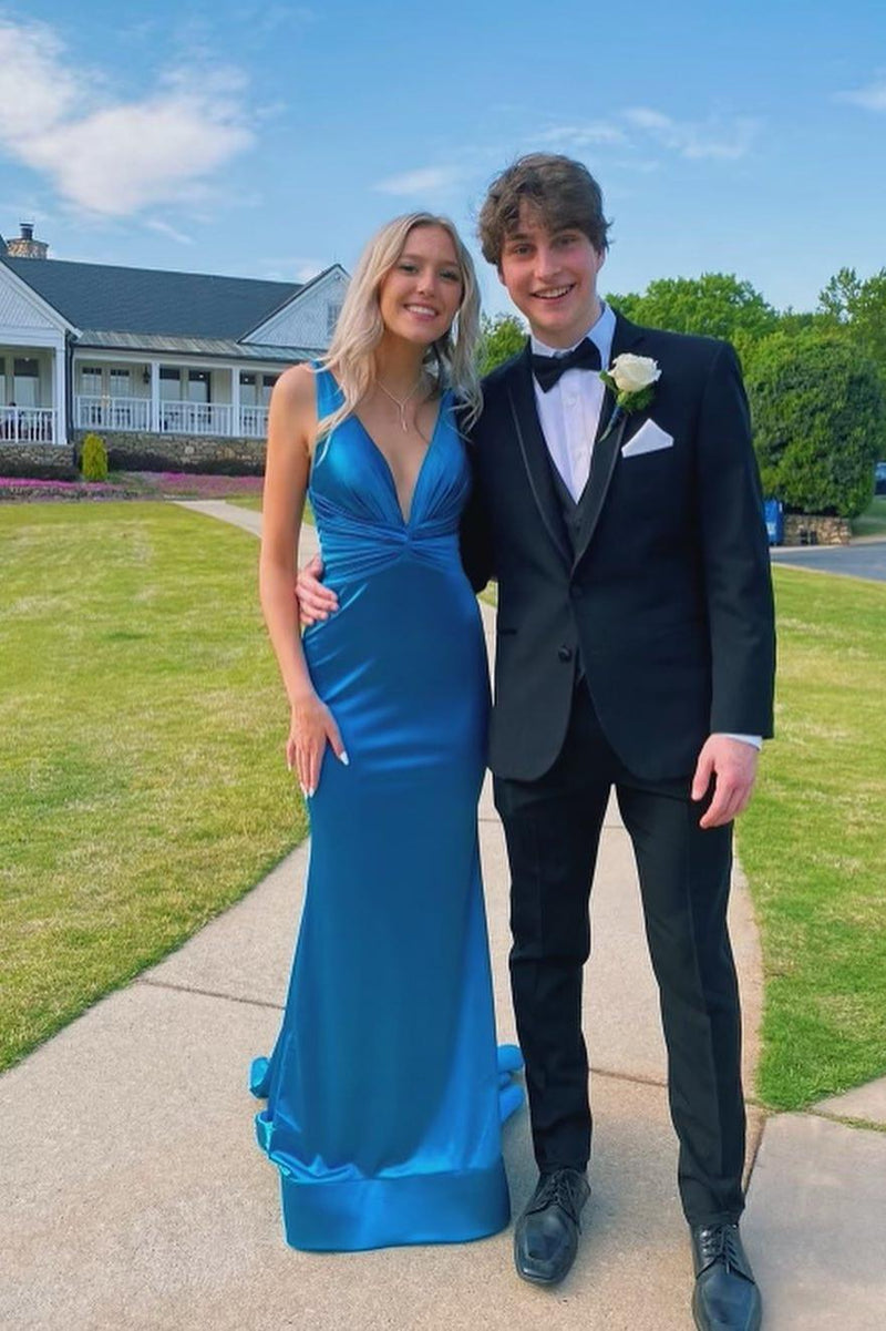 Plunge Blue Satin Ruched Mermaid Party Dress