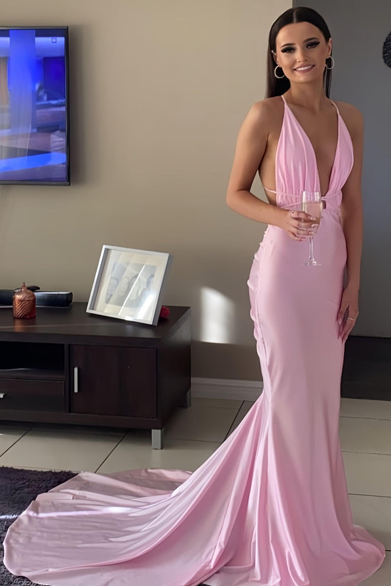 Plunge Pink Mermaid Long Formal Dress