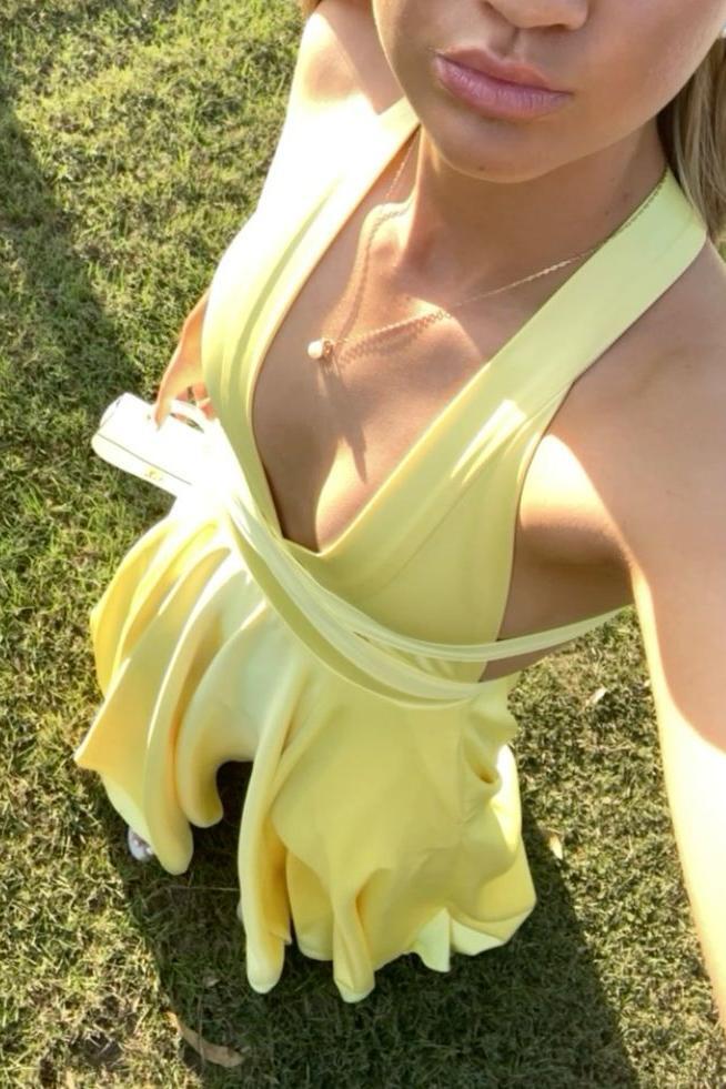 Plunge Yellow A-line Long Formal Dress with Slit