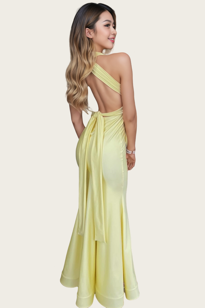 Plunge Yellow Mermaid Crss Cross Back Formal Dress