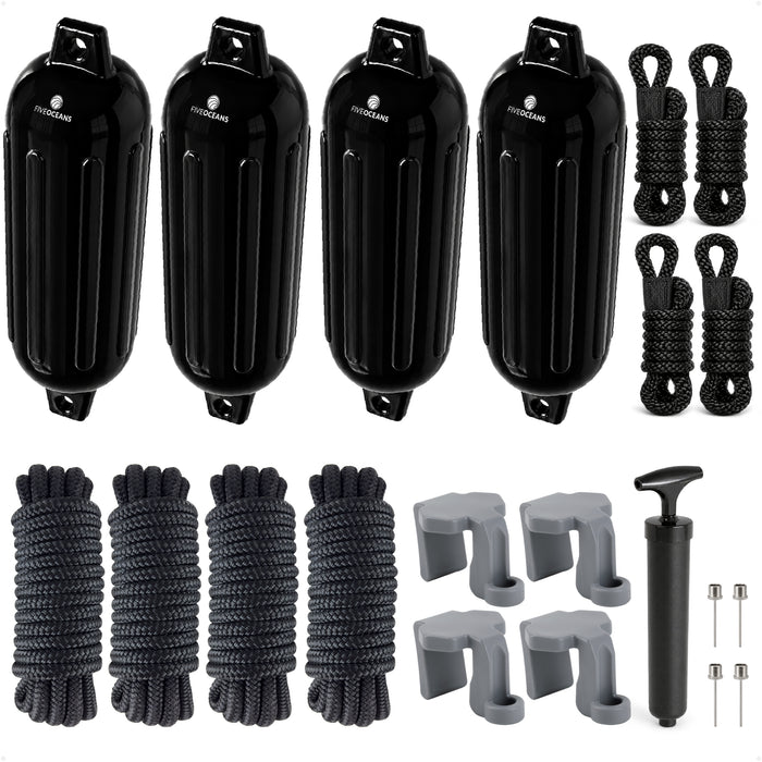 Pontoon Docking Kit - 6.5" x 23" Black Fenders with Dock Lines & Fender Clips, 4-Pack