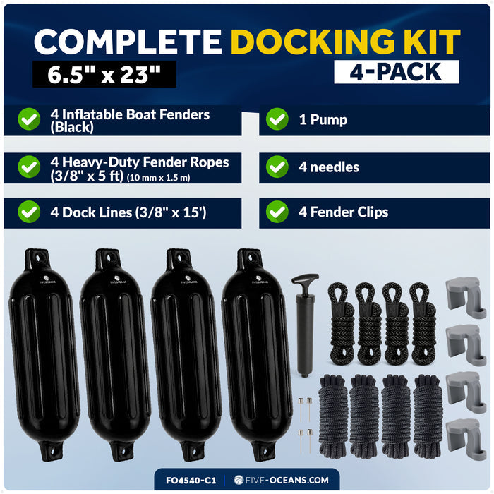Pontoon Docking Kit - 6.5" x 23" Black Fenders with Dock Lines & Fender Clips, 4-Pack