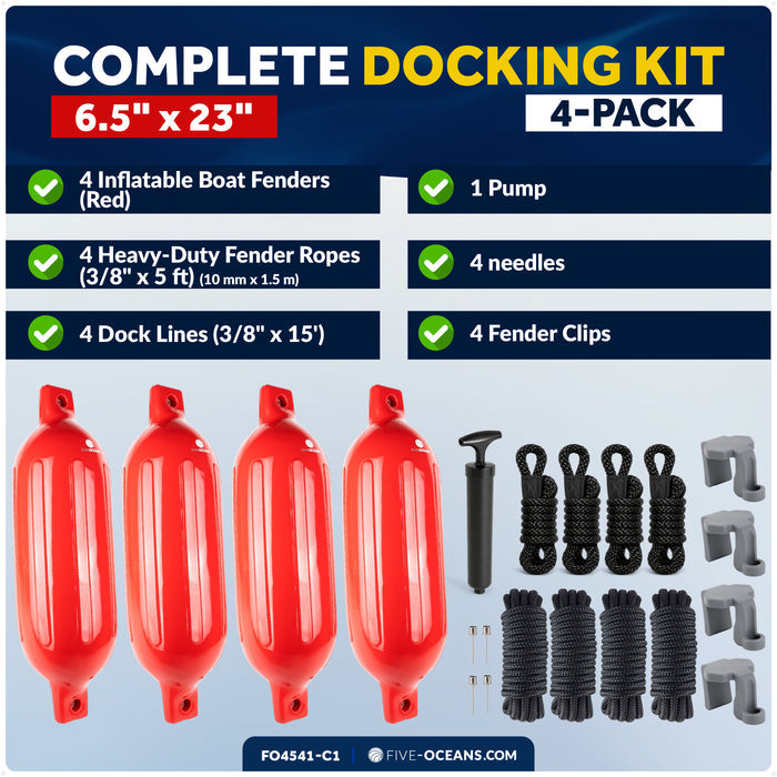 Pontoon Docking Kit - 6.5" x 23" Red Fenders with Dock Lines & Fender Clips, 4-Pack