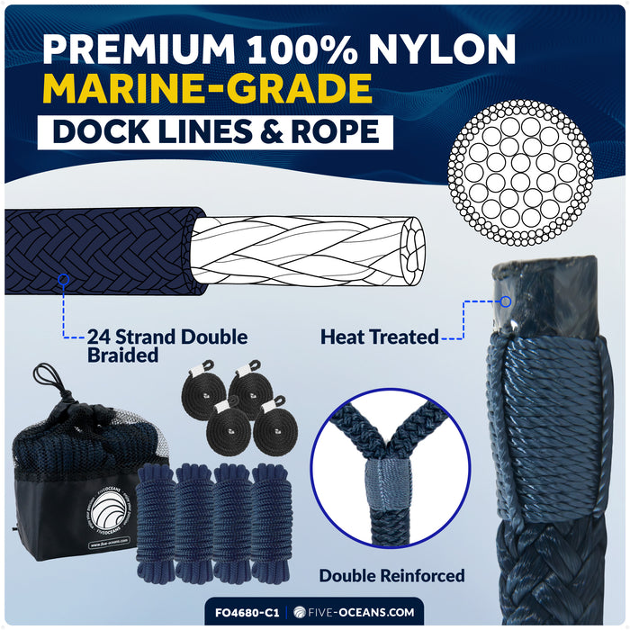 Pontoon Docking Kit - Blue Flat Fenders with Dock Lines & Fender Clips, 4-Pack - FO4680-C1 - Five Oceans