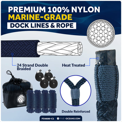 Pontoon Docking Kit - Blue Flat Fenders with Dock Lines & Fender Clips, 4-Pack - FO4680-C1 - Five Oceans