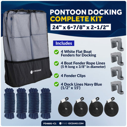 Pontoon Docking Kit - White Flat Fenders with Dock Lines & Fender Clips, 4-Pack - FO4681-C1 - Five Oceans