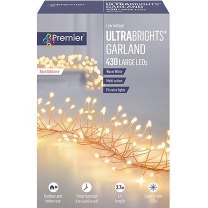 Premier Plug In Rose Gold Wire Garland l(Mains Powered) - Warm White 430 LED String Lights
