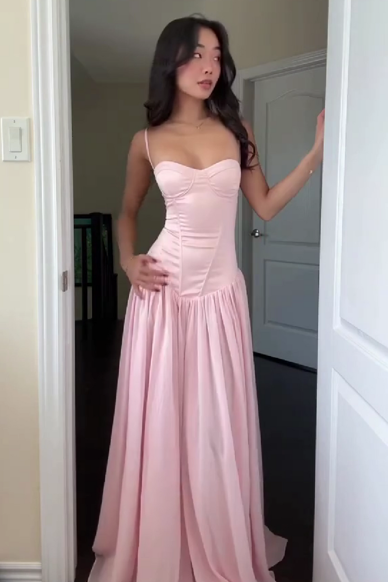 Pretty A Line Spaghetti Straps Pink Corset Prom Dress with Ruffles