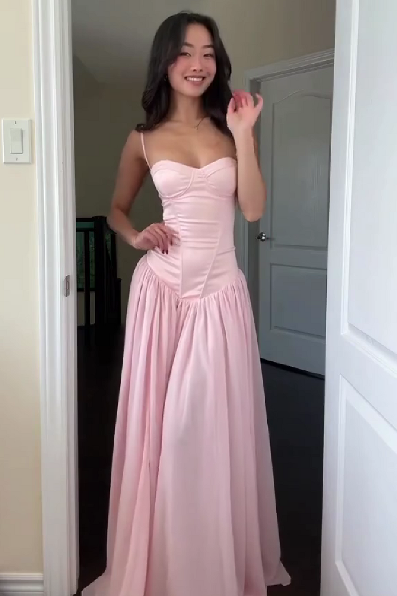 Pretty A Line Spaghetti Straps Pink Corset Prom Dress with Ruffles