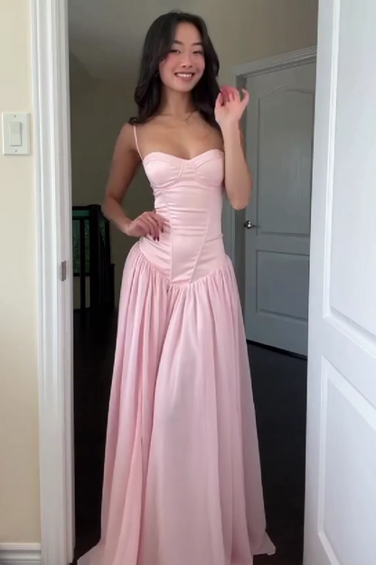 Pretty A Line Spaghetti Straps Pink Corset Prom Dress with Ruffles