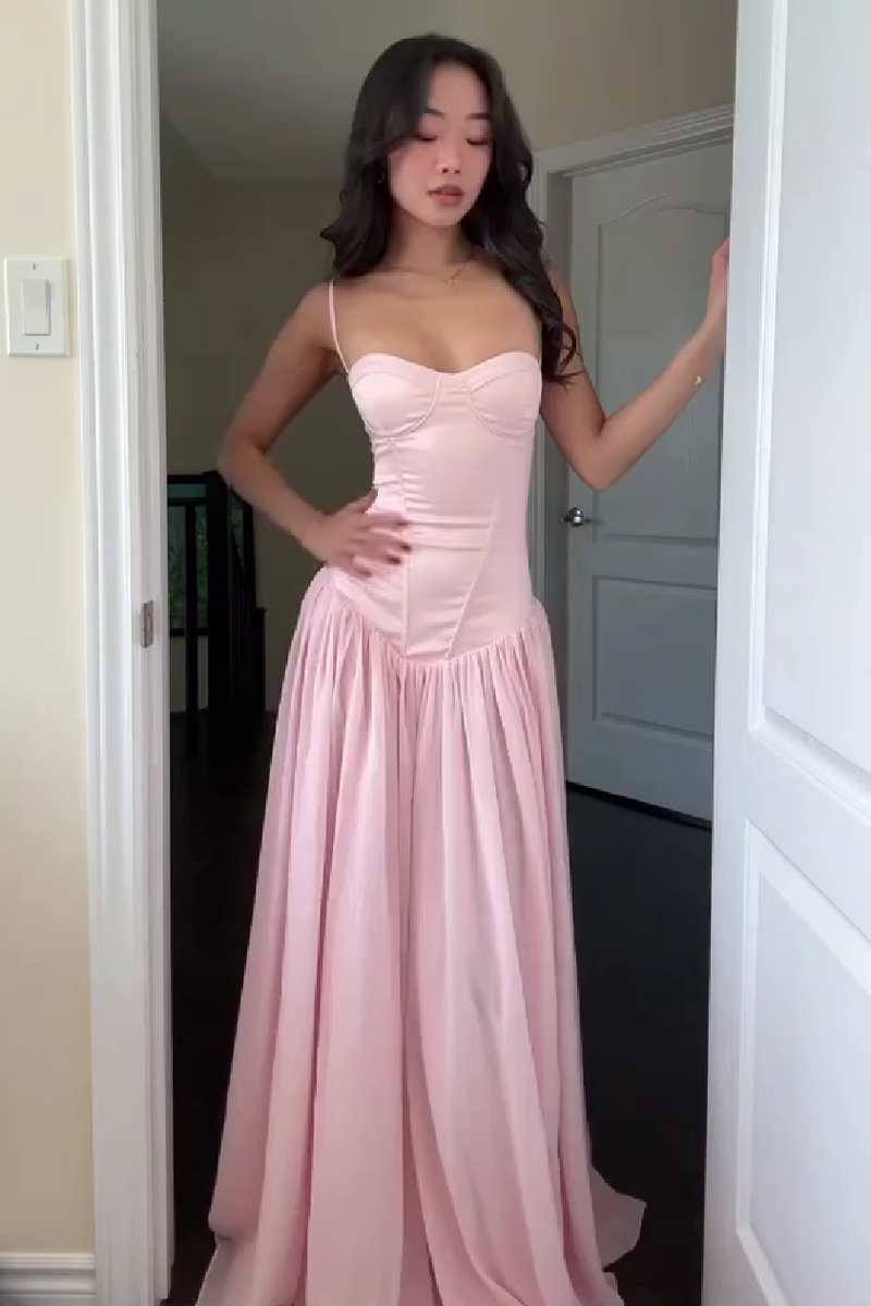 Pretty A Line Spaghetti Straps Pink Corset Prom Dress with Ruffles