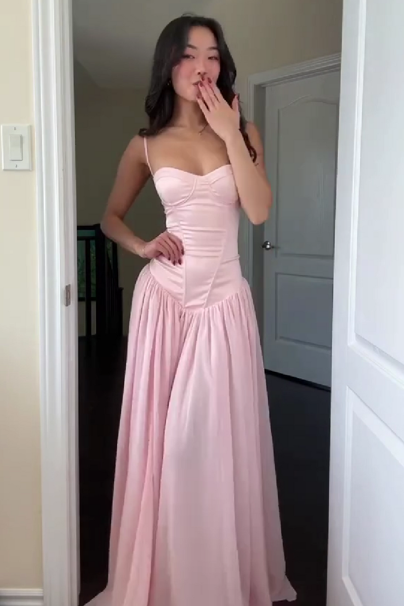 Pretty A Line Spaghetti Straps Pink Corset Prom Dress with Ruffles