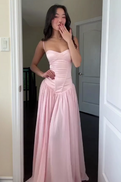 Pretty A Line Spaghetti Straps Pink Corset Prom Dress with Ruffles