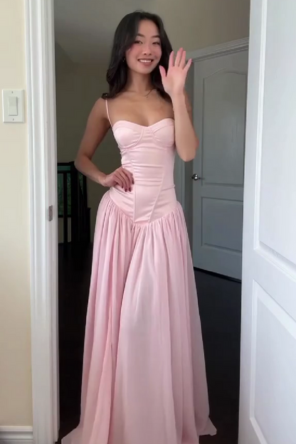 Pretty A Line Spaghetti Straps Pink Corset Prom Dress with Ruffles