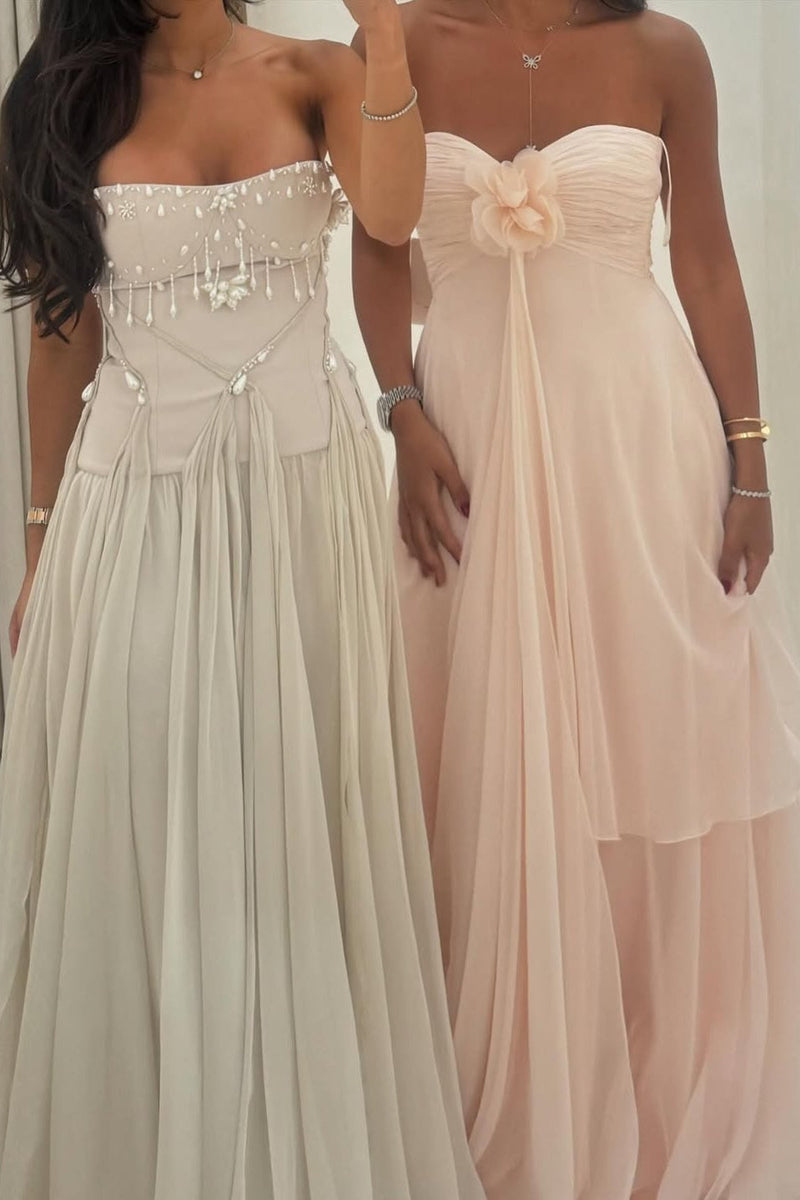 Pretty A Line Strapless/Sweetheart Silver/Light Pink Long Party Dress with Ruffles