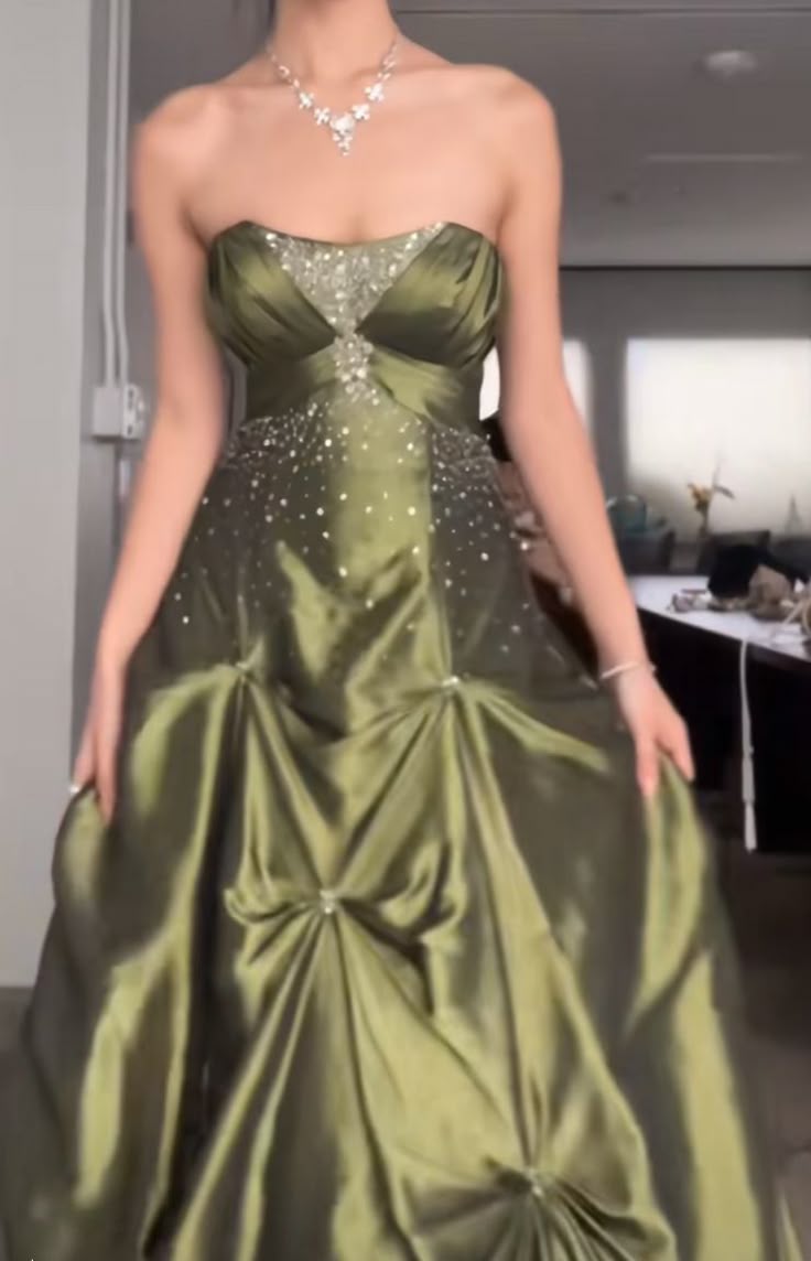 Pretty Forest Green A-Line Strapless Satin Prom Dresses With Silver Beads -Sweet Princess Style Evening Dress for  Birthday&Graduation
