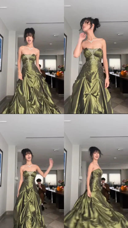 Pretty Forest Green A-Line Strapless Satin Prom Dresses With Silver Beads -Sweet Princess Style Evening Dress for  Birthday&Graduation