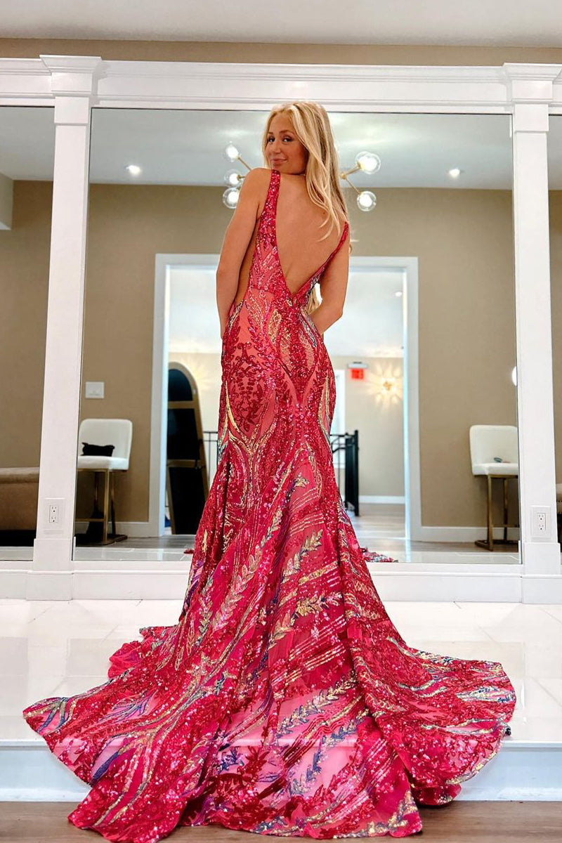 Pretty Fuchsia Sequin Lace V Neck Mermaid Long Prom Dresses