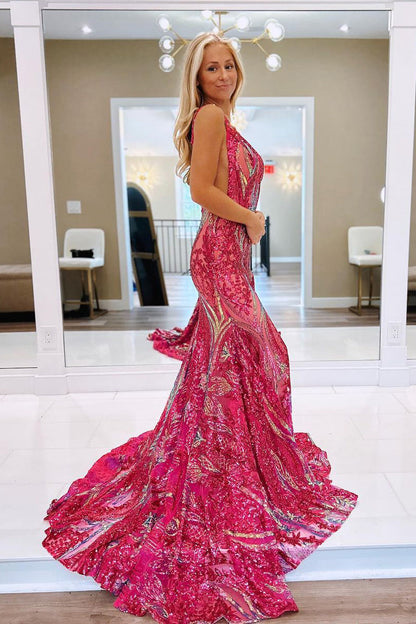 Pretty Fuchsia Sequin Lace V Neck Mermaid Long Prom Dresses
