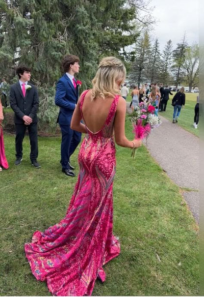 Pretty Fuchsia Sequin Lace V Neck Mermaid Long Prom Dresses