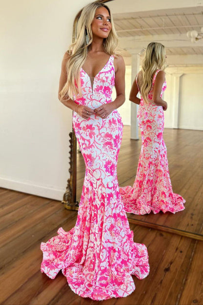 Pretty Pink V Neck Sequin Lace Mermaid Prom Dress