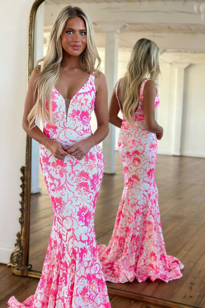Pretty Pink V Neck Sequin Lace Mermaid Prom Dress