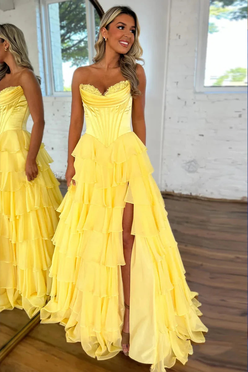 Pretty Sweetheart A-Line Satin Top Long Layered Chiffon Prom Dress with Slit