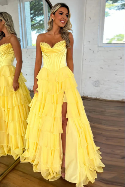 Pretty Sweetheart A-Line Satin Top Long Layered Chiffon Prom Dress with Slit