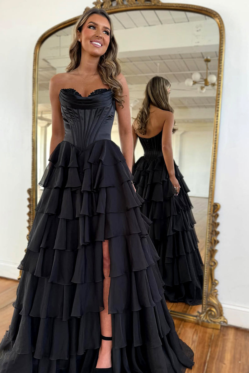 Pretty Sweetheart A-Line Satin Top Long Layered Chiffon Prom Dress with Slit