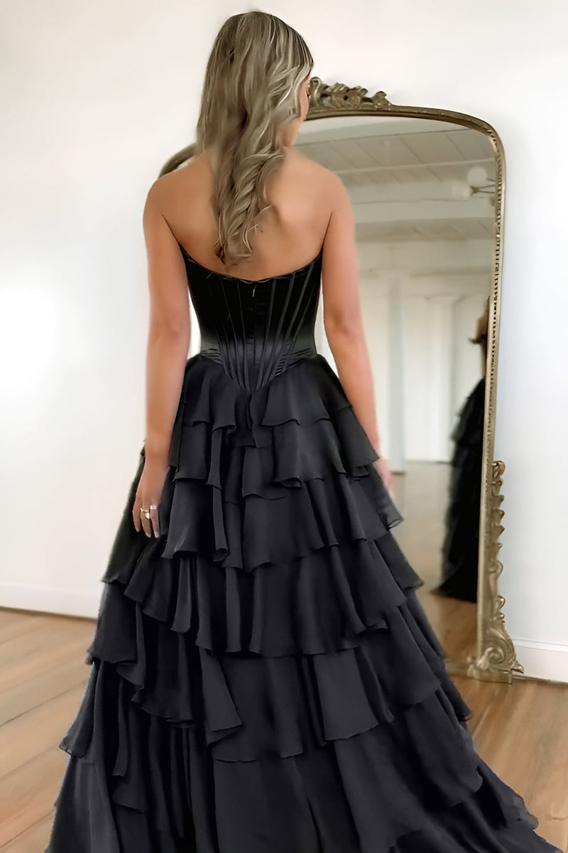 Pretty Sweetheart A-Line Satin Top Long Layered Chiffon Prom Dress with Slit