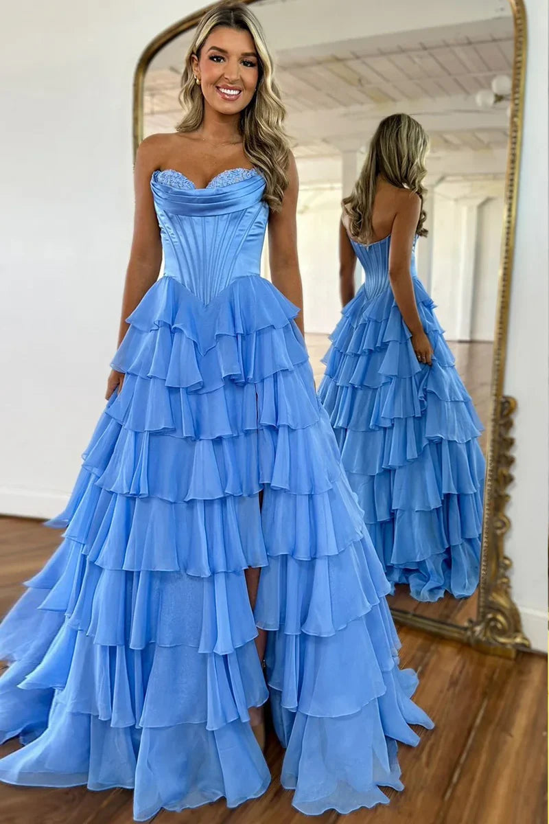 Pretty Sweetheart A-Line Satin Top Long Layered Chiffon Prom Dress with Slit