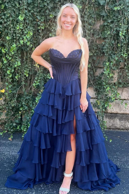 Pretty Sweetheart A-Line Satin Top Long Layered Chiffon Prom Dress with Slit
