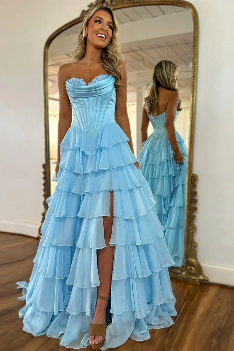 Pretty Sweetheart A-Line Satin Top Long Layered Chiffon Prom Dress with Slit