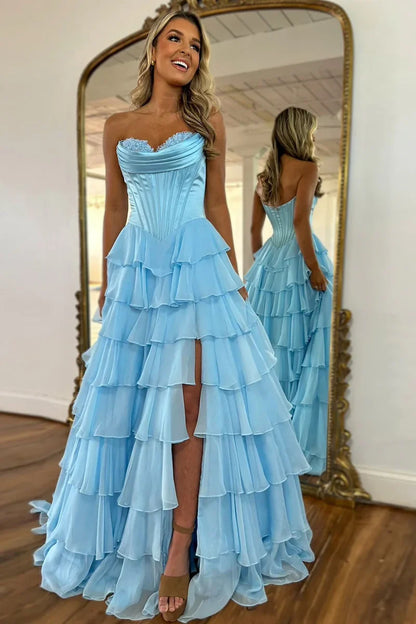 Pretty Sweetheart A-Line Satin Top Long Layered Chiffon Prom Dress with Slit