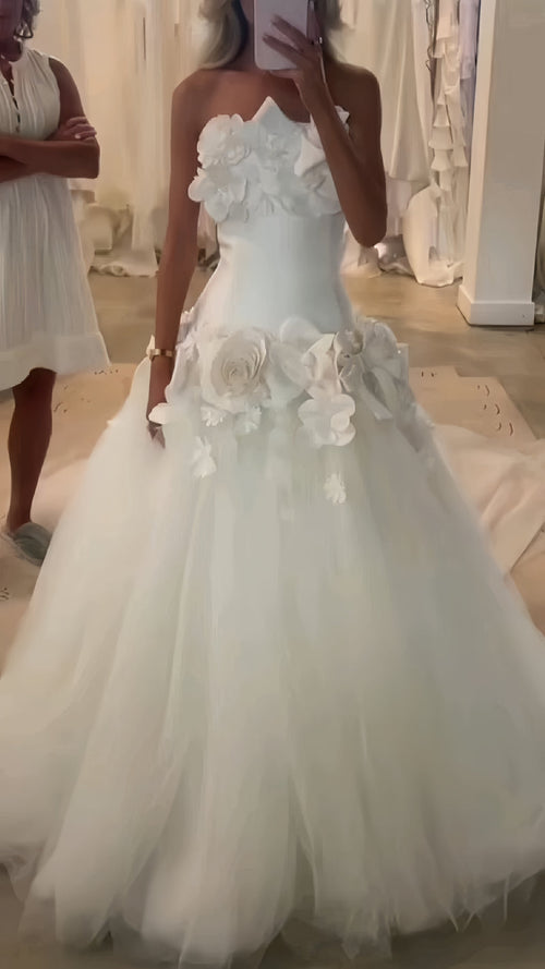 Princess 3D Floral Tulle Wedding Dresses Ivory Sleeveless Bridal Dress, AST1925