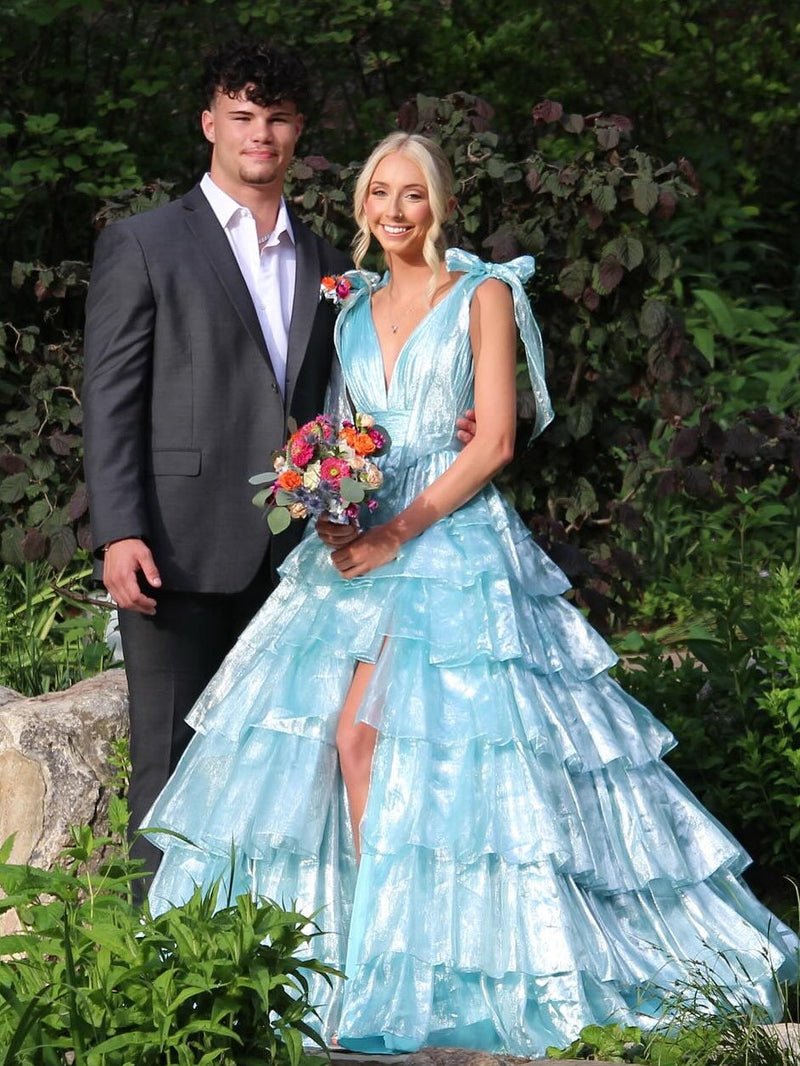 Princess A-Line Deep V-Neck Pink Long Tulle Prom Dress with Ruffles Slit