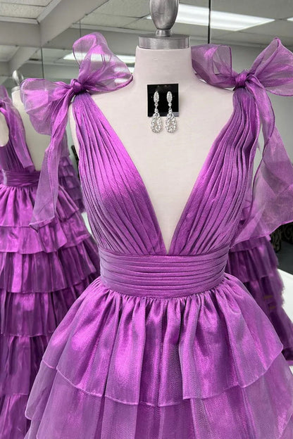 Princess A-Line Deep V-Neck Pink Long Tulle Prom Dress with Ruffles Slit
