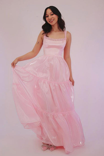 Princess A Line Spaghetti Straps Pink Long Prom Dress with Lace Ruffles