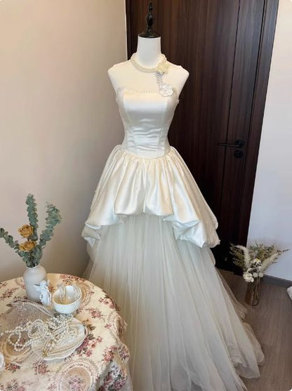 Princess A Line Strapless Satin Tulle Long Prom Dress,Wedding Dress,Evening Dress