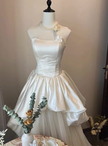 Princess A Line Strapless Satin Tulle Long Prom Dress,Wedding Dress,Evening Dress