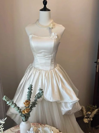 Princess A Line Strapless Satin Tulle Long Prom Dress,Wedding Dress,Evening Dress