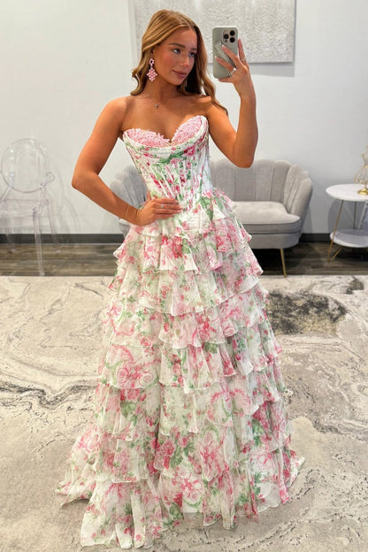 Princess A Line Sweetheart Pink Corset Prom Dress with Ruffles Appliques