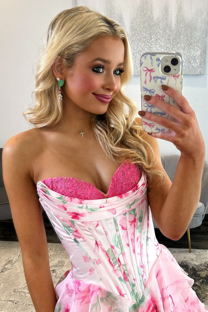 Princess A Line Sweetheart Pink Corset Prom Dress with Ruffles Appliques